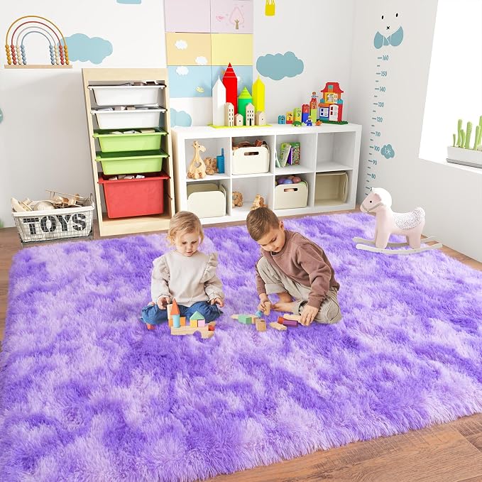 Dssimo 5x7 Area Rugs for Living Room, Purple Tie-Dyed Plush Fluffy Carpet | Upgrade Non-Slip Thick Large Plush Shag Rugs for Nursery Kids Room Dorm Room Home Decor, Indoor Plush Floor Carpet