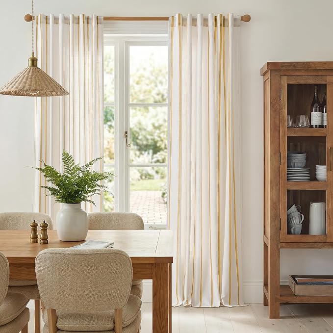 Vangao Striped Curtains Yellow on White Semi Sheer Curtains 96 Inches Long for Living Room Bedroom Modern Farmhouse Linen Textured Light Filtering Drapes 2 Panels Mustard Yellow W50 x L96 Inch