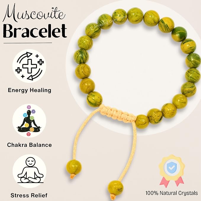 Amazing Gemstone Muscovite Bracelet for Women Men's Gifts - Protection Healing Crystal Bracelet - 8mm Gemstones Beaded Adjustable Bracelet Pulseras para Hombres Mujer Stocking Stuffers