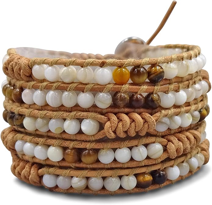 MGR MY GEMS ROCK! 35-Inch Long Multi-Layer Hand Crafted Gemstone and Crystal Multi-Stone Beaded on Genuine Leather Boho Style Stackable Super Wrap Bracelet, up to 5 Wraps.
