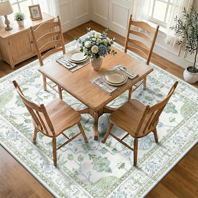 RELEANY Washable Area Rug, Square 7'x7', Green/White/Blue | Non-Slip, Water Repellent, Pet Friendly, Easy to Clean, Vintage Floral Boho Decor for Living Room Bedroom Dining Room Office