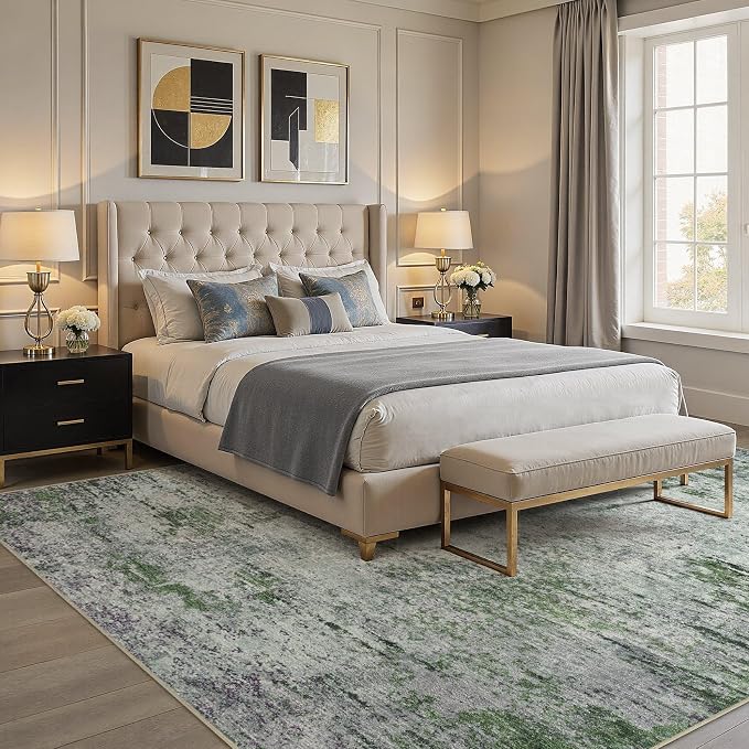 DMOYEST Area Rug Living Room Rugs - 10x14 Large Soft Indoor Neutral Modern Abstract Low Pile Washable Rug Carpet for Bedroom Dining Room Farmhouse Home Office - Green/Grey/Brown