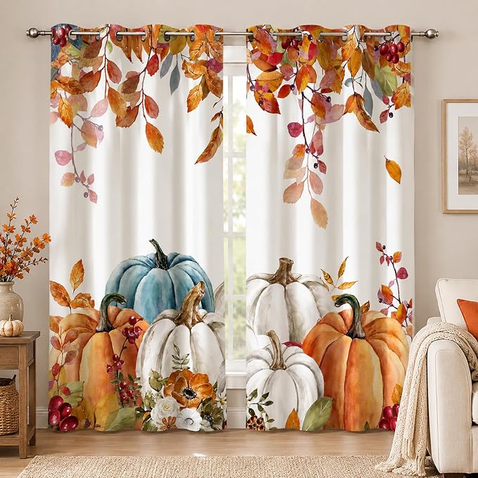 Pumpkin Window Curtains 52 x 63 Inches, Watercolor Fall Leaves Drapes with Blue White Orange Pumpkins, Autumn Farmhouse Curtains for Bedroom Living Room
