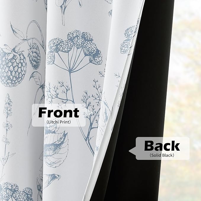 FMFUNCTEX 100% Blackout Blue Floral Curtains 96 Inch Back Tab 2 Panels | Black Out Drapes, Thermal Insulated Cottage Farmhouse, Lichi Patterned Extra Long Curtain for Bedroom, Living Room Darkening