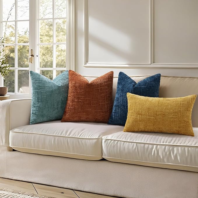 decorUhome Textured Chenille Throw Pillow Covers 24x24 Set of 2 Teal | Fall Modern Farmhouse Soft Cozy Slubby Couch Pillow Cases Boho Decorative Pillow Cases for Bed Sofa Living Room Home Decor