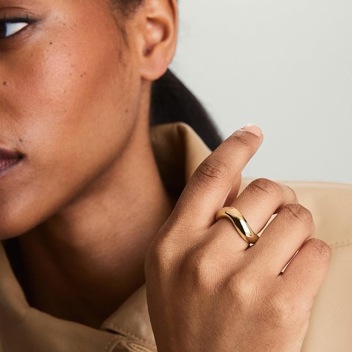 NOKMIT Chunky Wavy Dome Rings for Women, 14K Gold Filled Thick Curved Band | Statement Bold Wave Band | Stackable Thumb Ring | Hypoallergenic & Non-tarnish | Comfort Fit Size 6-10