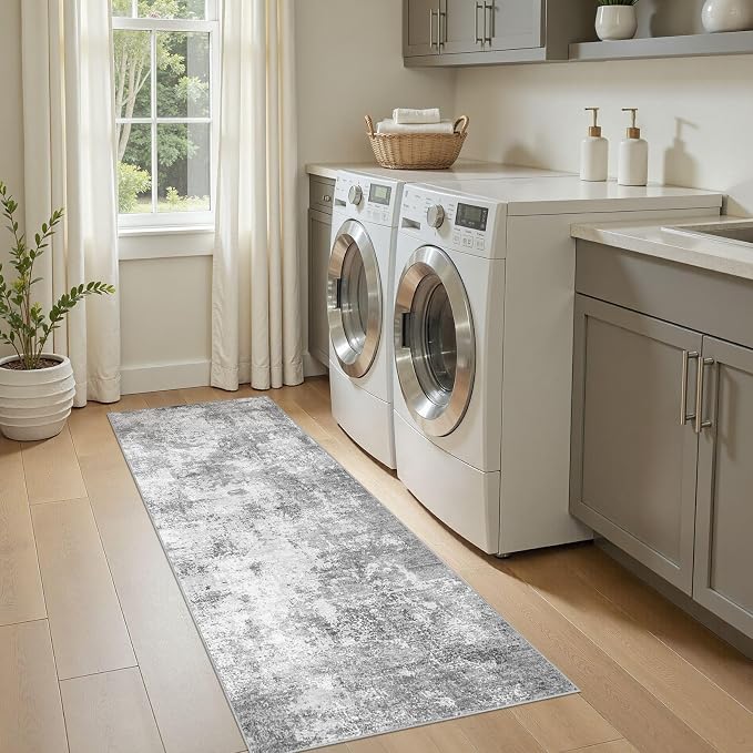 Machine Washable Runner Rug 2x6, Non Slip Soft Rug for Hallway | Modern Abstract Carpet, Stain Resistant and Kid & Pet Friendly, Joint-Friendly Indoor Rug, Made for Kitchen, Bathroom - Gray