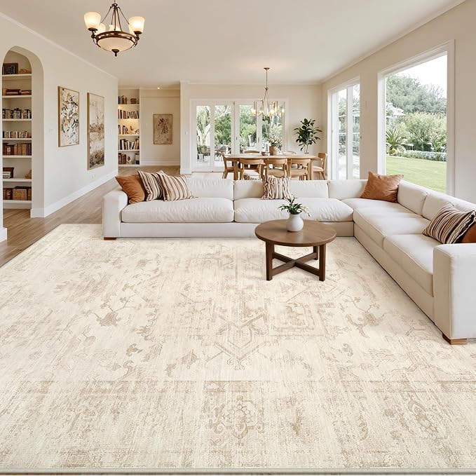 10x14 Area Rug for Living Room: Vintage Boho Neutral Washable Rug Indoor Soft Large Area Rug Carpet for Bedroom Nursery Farmhouse Dining Room Office Floor Non-Slip Low Pile Under Table Rug Beige/Brown