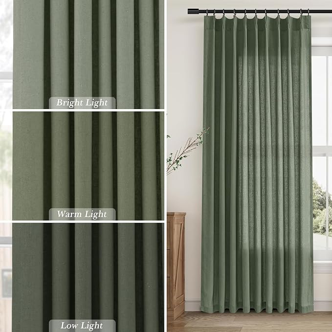 Olive Green Pinch Pleat Linen Curtains 120 Inches Long for Living Room Pleated Drapes Hooks Back Tab Light Filtering Boho Farmhouse Extra Long Semi Sheer 120 Inch Curtain for Dining Room Bedroom