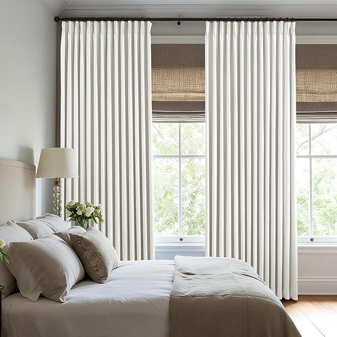 Pinch Pleated Curtains 100% Blackout Linen Curtains 95 Inches Long for Bedroom Living Room, Ivory White Memory Trained Thermal Insulated Room Darkening Window Drapes with Hooks 2 Panels 40"Wx95"L