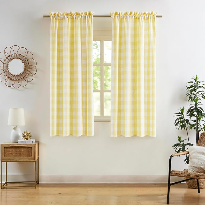 Yellow White Buffalo Plaid Semi Sheer Curtains 63 Inches Length | Farmhouse Window Treatment Bedroom Nursery Room,Short Checkered Drapes,Yarn Dyed Fabric,Rod Pocket,40"Wx63"Lx2