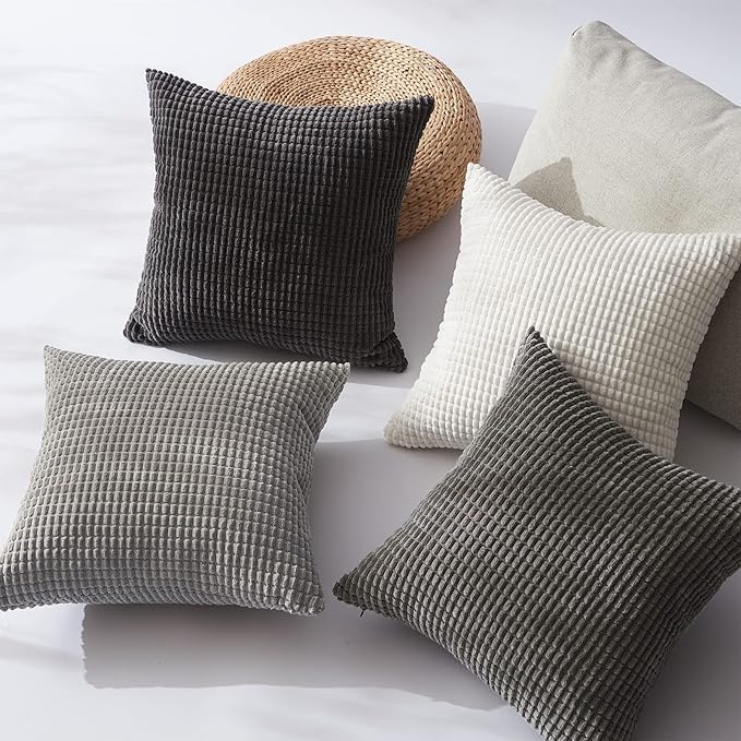 Topfinel 4 Packs Grey Decorative Throw Pillow Covers 16x16 Inch for Living Room Couch Bed Sofa, Boho Western Farmhouse Home Decor, Square Soft Moss Corduroy Fall Cushion Case 40x40 cm