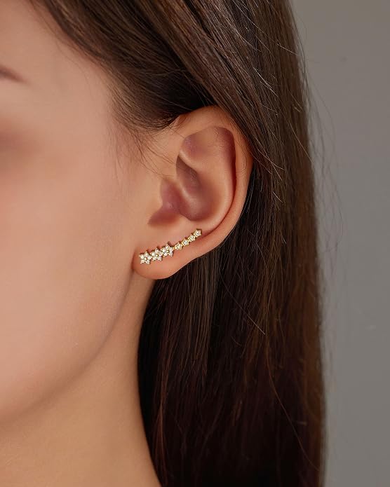 Dainty Flowers Ear Climbers Stud Earrings for Women 925 Sterling Silver Diamond Flower Cuff Crawler Earrings for Mom 14K Gold Plated Cute White Cubic Zirconia Earrings Wedding Graduation Jewelry Gifts