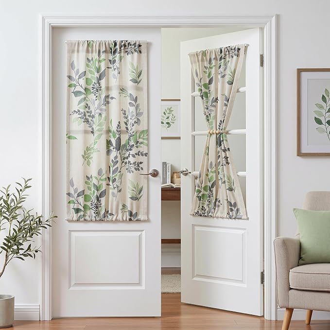 MYSKY HOME Floral Linen French Door Curtains 40 inch Long 2 Panels for Front Door Light Filtering Privacy Semi Sheer Window Curtains with Rod Pocket, Green, 24" W Each Panel
