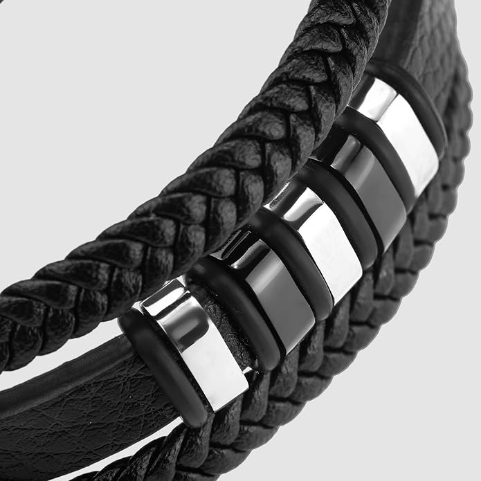 SERASAR | Premium Genuine Leather Bracelet [Glory] for Men in Black | Magnetic Stainless Steel Clasp in Silver and Gold | Exclusive Jewelry Box | Great Gift Idea