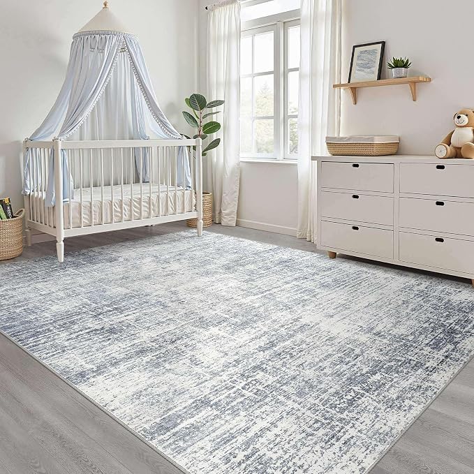 4x6 Rug Washable Area Rugs: Neutral Abstract Soft Modern Stain Resistant Small Indoor Floor Non-Slip Low Pile Throw Carpet for Entryway Kitchen Bedroom Nursery Kids Office Playroom Home House- Blue