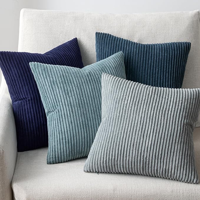 EMEMA Coastal Blue Decorative Throw Pillow Covers 16x16 Inch Set of 4 Boho Farmhouse Corduroy Striped Square Pillow Case,Western Modern Cushion Covers for Couch Bed Livingroom Home Decor