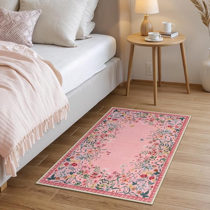 Wonnitar 2x3 Washable Area Rug, Small Pink Kitchen Mat, Boho Floral Bathroom Rug, Non Slip Accent Rug for Bedroom Bedside, Ultra Thin Laundry Door Mat Decor (2x3 Pink)