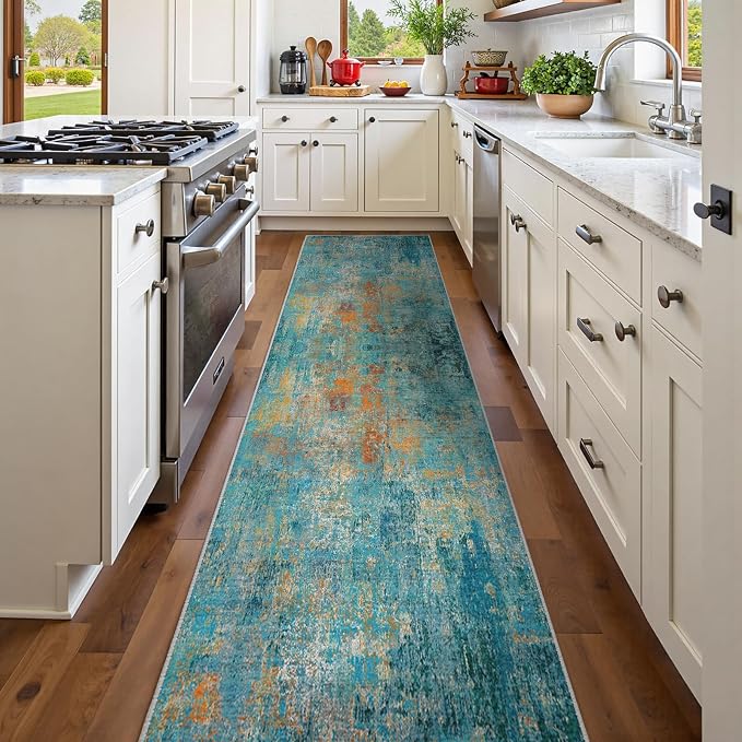 RELEANY Washable Area Rugs 2'x8' Non-Slip Modern Abstract Soft for Living Room Entryway Bedroom Kitchen, Print Pattern, Teal Blue Green Orange Rust Red Coloreful
