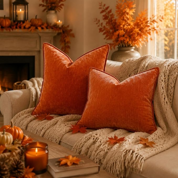 decorUhome Chenille Rust Velvet Throw Pillow Covers 26x26 Set of 2 | Fall Soft Euro Sham Couch Decorative Modern Farmhouse Pillow Cases with Elegant Design for Sofa Bed Living Room Home Decor