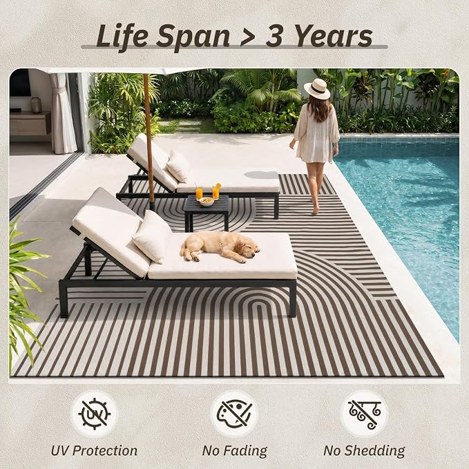 AMOAMI Outdoor Rug Patio Rug 5x8 ft Quick Dry Flatweave Textured Machine Washable Outdoor Carpet with Rubber Particles Backing Boho Outdoor Area Rug for Patio Deck Front Porch Balcony Greyish Brown