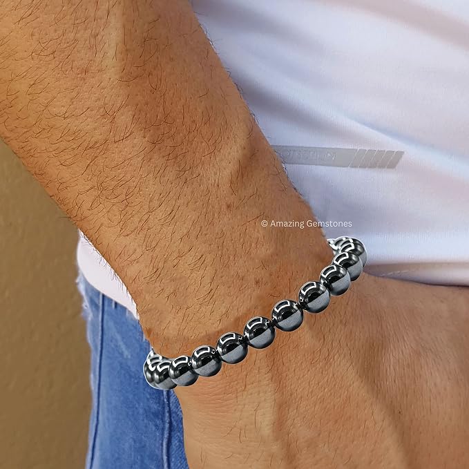 Amazing Gemstone Hematite Bracelet, Gifts for Men & Women - Protection Healing Crystal Bracelet - 8mm Gemstone Beaded Adjustable Bracelet, Pulseras para Hombres Mujer Stocking Stuffers