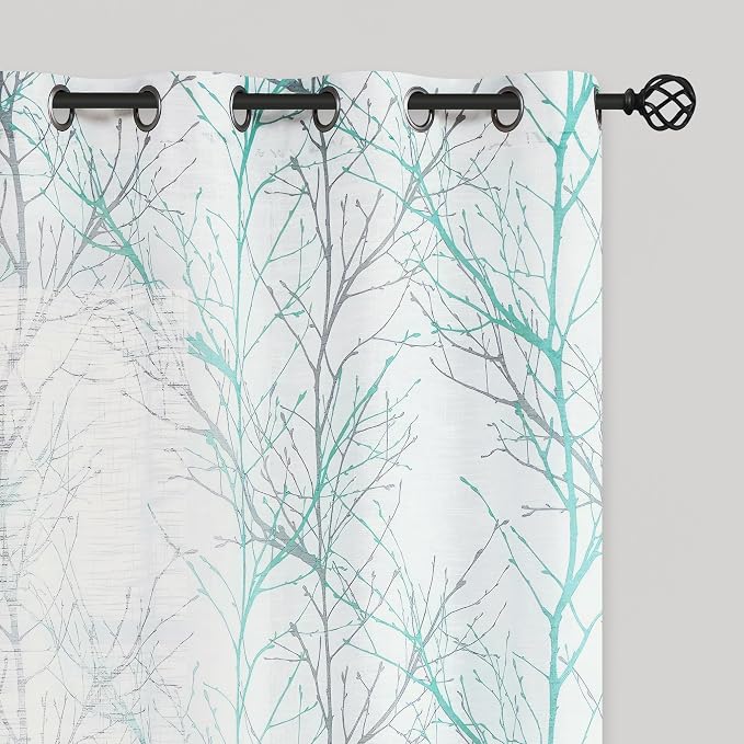 FMFUNCTEX Linen Aqua Blue White Semi Sheer Print Curtains 84 Inch 2 Panels | Branch Sheer Patterned Drapes, Light Filtering Grommet Panels for Bedroom, Living Room, Basement, and Farmhouse Curtain