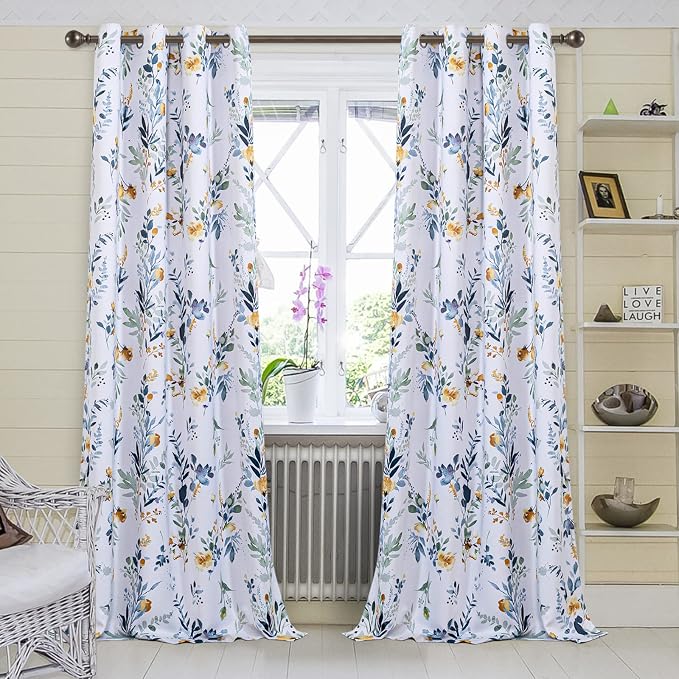 MYSKY HOME Floral Curtains 108 inches Long Living Room Curtains Thermal Insulated Room Darkening Curtains for Dining Room Vintage Classical Floral Printing Drapes, 2 Panels, Yellow and Blue