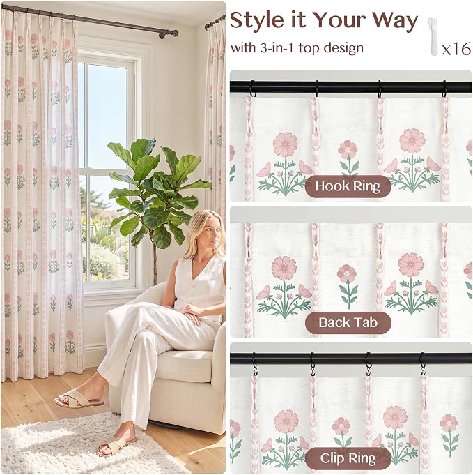 THREE GIRLS Pinch Pleated Light Filtering Linen Blend Floral Block Print Curtains for Girls Room, Nursery, Living Room, Modern Farmhouse, Memory Trained, Hooks, 2 Panels Set, 40"x90", Pink