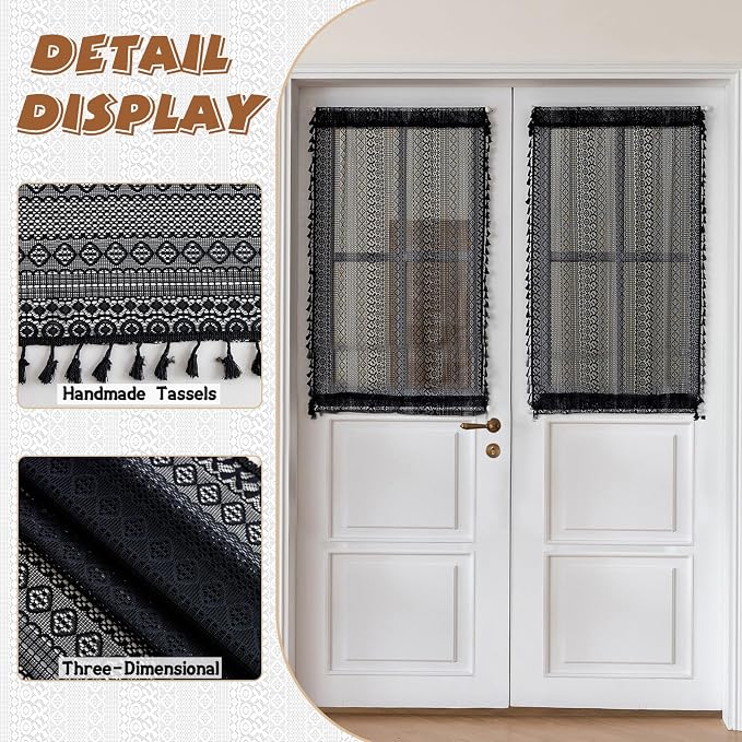 Sutuo Home Black French Door Curtains for Drapery Glass & Sidelights, Boho French Country Style Tassels Vintage Drapes Window Curtains for Front Door Patio Decor, Rod Pocket 2 Panels 25" W x 40" L