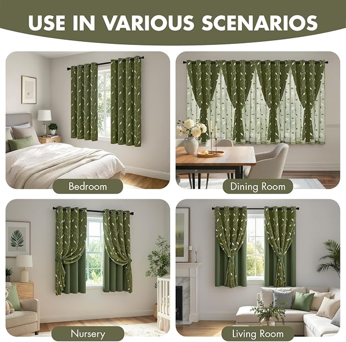 MIULEE Olive Green Double Layer Curtains 63 Inches Long, Leaf Patterned Sheer Floral Drapes and Blackout Room Darkening Window Curtains for Living Room Bedroom, Grommets Top, 52" W x 63" L, 2 Panels