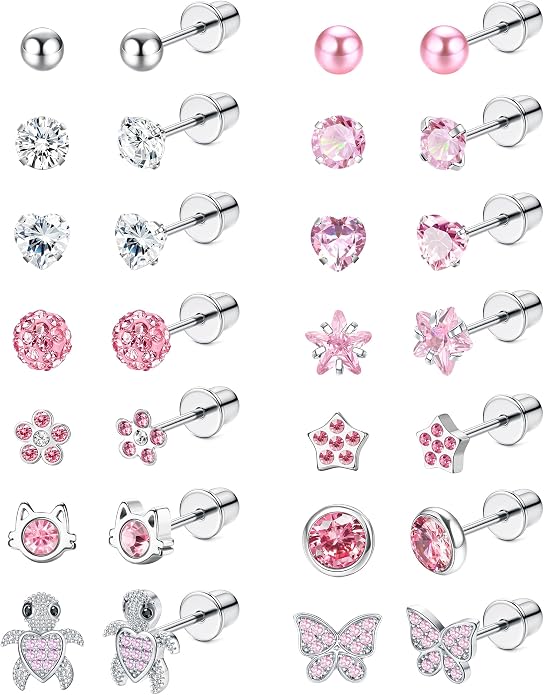 LOYALLOOK 14Pairs Hypoallergenic Screwback Earrings for Women Girls Tiny CZ Pearl Ball Heart Flower Screw Back Earring Studs 316L Stainless Steel Stud Earrings Flatback 20G Over 3 Years Old