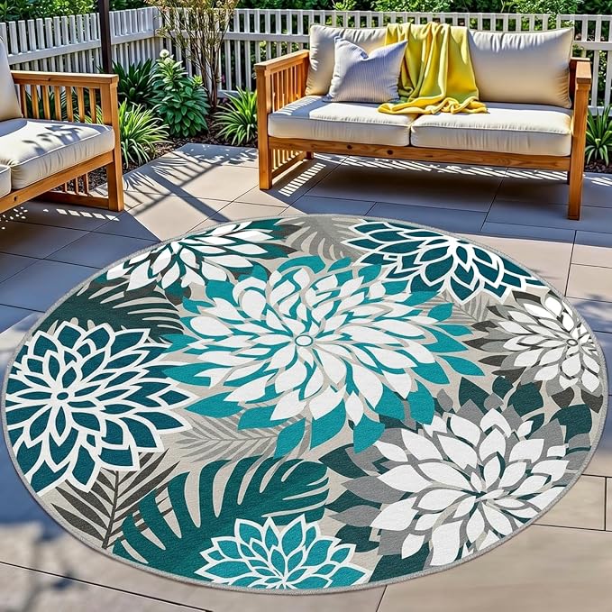 Colorful 6FT Outdoor Round Area Rug Washable Rugs Multicolored Patio Rug Tropical Botanical Floral Chenille Waterproof Outdoor Carpet for RV, Pool Deck, Backyard, Porch, Teal