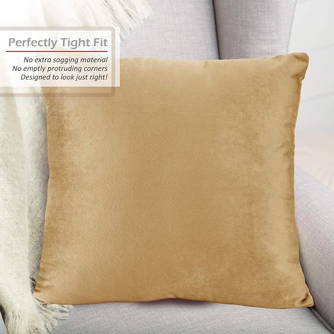 Nestl Throw Pillow Covers, Cozy Velvet Decorative Outdoor Pillow Covers 20X20 Inches, Soft Solid Cushion Covers for Sofa, Bed and Car, Set of 4 - Camel Gold