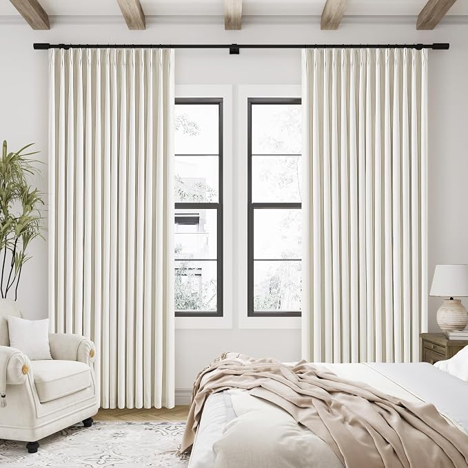 Pinch Pleated Linen Blackout Curtains 96 Inches Long for Living Room 2 Panel Set Cream Ivory 100% Black Out Pinch Pleat Hooks Rings Back Tab 96 Inch Curtain 2 Layer Drapes with Liner Bedroom Window