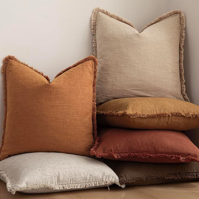 Foindtower Set of 2 Decorative Linen Fringe Throw Pillow Covers Cozy Boho Farmhouse Cushion Cover with Tassels Soft Accent Pillowcase for Couch Sofa Bed Living Room Home Decor, 20×20 Inch, Orange