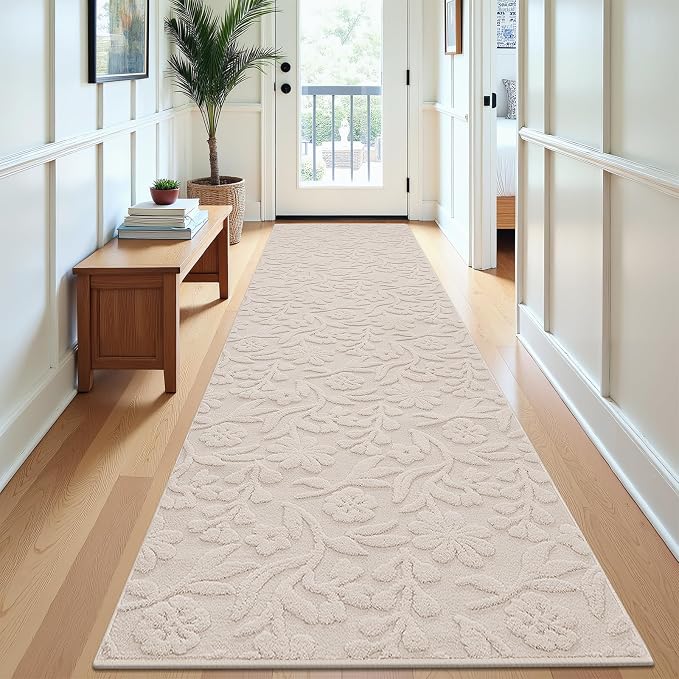 Vaukki 2x8 Runner Rug for Living Room, Soft Fluffy Washable Modern Floral Indoor Floor Mat, Non Slip Shaggy Boho Accent Throw Carpet for Bedroom, Living Room, Nursery and Dining Room, Beige