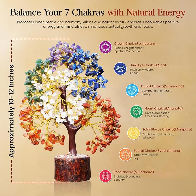 500 Beads 7 Chakra Tree of Life - Large Crystal Feng Shui Positive Energy Tree - Meditation Gift, Crystals and Stones, Spiritual Items, Home Office Decor