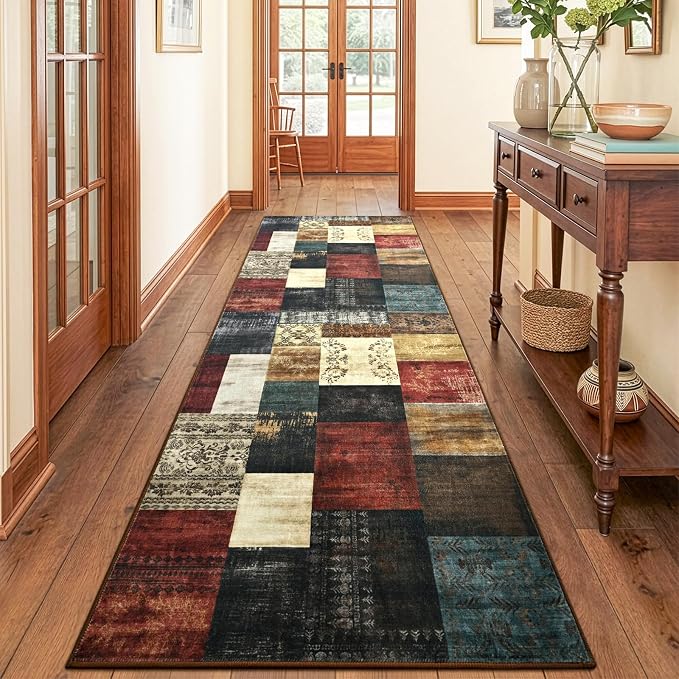 DweIke Runner Rug for for Hallways, 2'x6' Washable Kitchen Rugs with Non Slip Rubber Backing, Soft Low Pile Non-Shedding Geometric Carpet for Laundry Bedroom Bathroom, Colorful