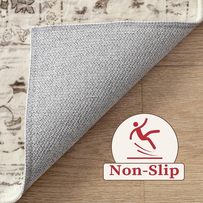 SERISSA Area Rug 4x6 Boho Rugs for Bedroom, Vintage Washable Non Slip Rug, Ultra Soft Print Distressed Low-Pile Throw Rug Earth Tone Carpet for Nursery Dorm Kitchen Living Room Decor