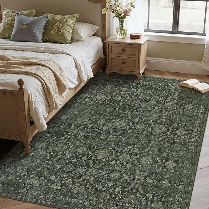 Rugxara Green 4x6 Area Rug Washable Rug for Living Room Bedroom Office | Non Slip, Throw Rug for Entryway Dining Room Kids Room, Stain Resistant, Soft, Low Pile, Vintage Boho Floral Carpet