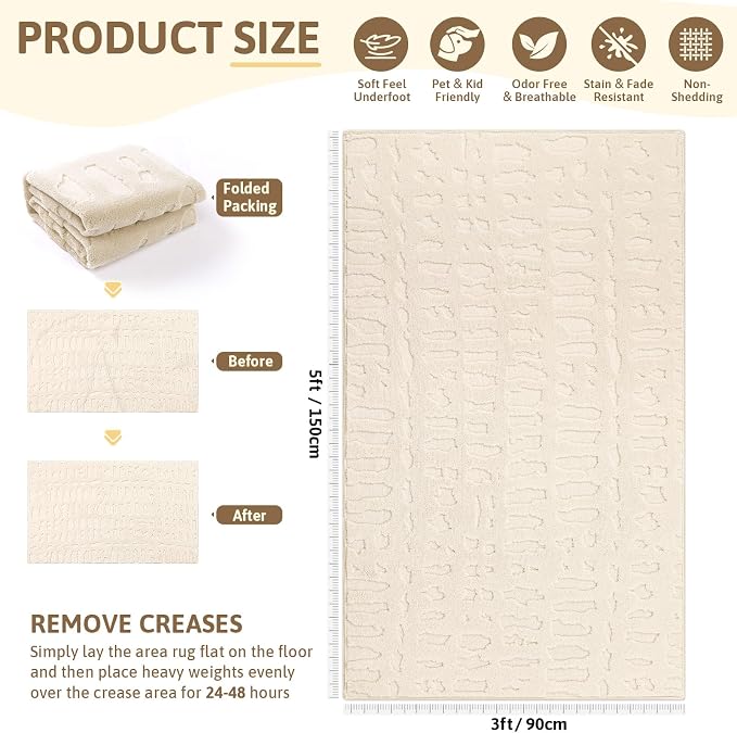 Yamaziot 3x5 Washable Area Rug, High-Low Grid Textured Bedroom Rugs, Soft Fluffy Non-Slip Mats Stain Resistant Contemporary Boho Carpet for Bathroom, Entryway, Office