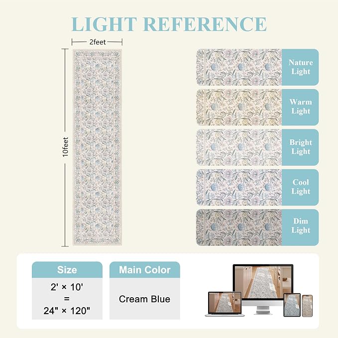 DUKINO 2x10 Runner Rug for Hallway, Washable Vintage Floral Rug, Cream Blue | Non Slip, Low Pile, Non-Shedding, Stain Resistant Soft Long Runner Carpet for Kitchen Bathroom Entryway Bedroom Farmhouse