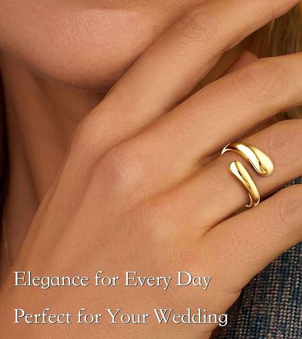 Non Tarnish Gold Chunky Rings for Women, 14K Gold Plated Statement Dome Rings Stacking Silver, Adjustable Mens Eternity Wedding Band Mixed Metal Jewelry Size 3-13