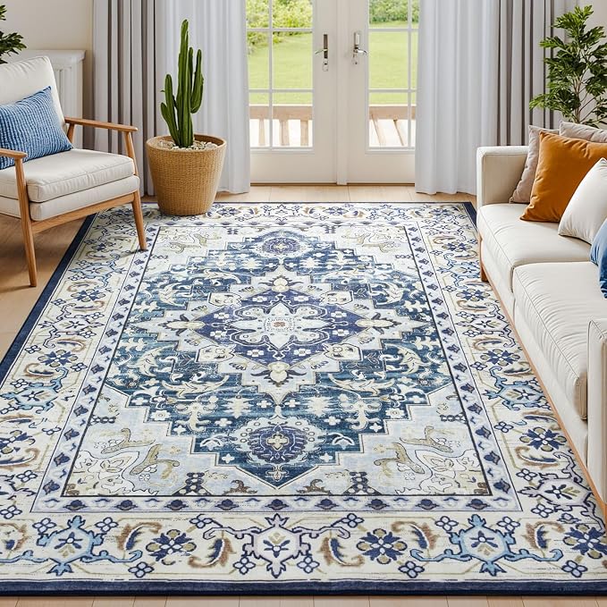 Lessymo 5x7 Area Rug for Living Room - Machine Washable Area Rugs, Super Soft Faux-Wool Area Rugs for Bedroom Kitchen, Boho Rug Vintage Floral Non-Slip Low Pile, Dark Blue