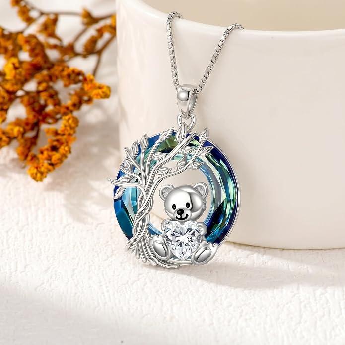 PELOVNY Teddy Bear Necklace for Women 925 Sterling Silver Bear/Highland Cow/Fox/Cat/Axolotl Birthstone Necklace Christmas Birthday Jewelry Gifts for Mom Daughter Wife Sister