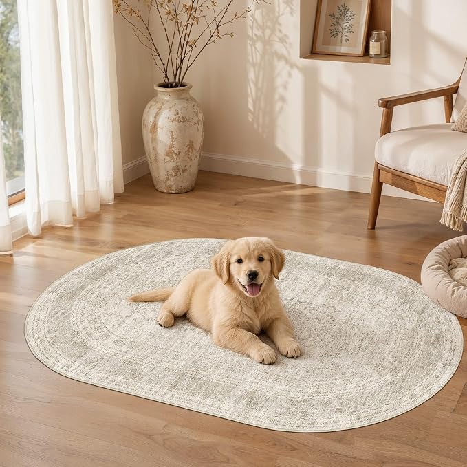Nakagishi Oval Rugs for Entryway: Washable Non-Slip Neutral 3x5 Area Rug for Kitchen, Pet Friendly, Soft Stain Resistant Low Pile Oval Carpet for Bedroom