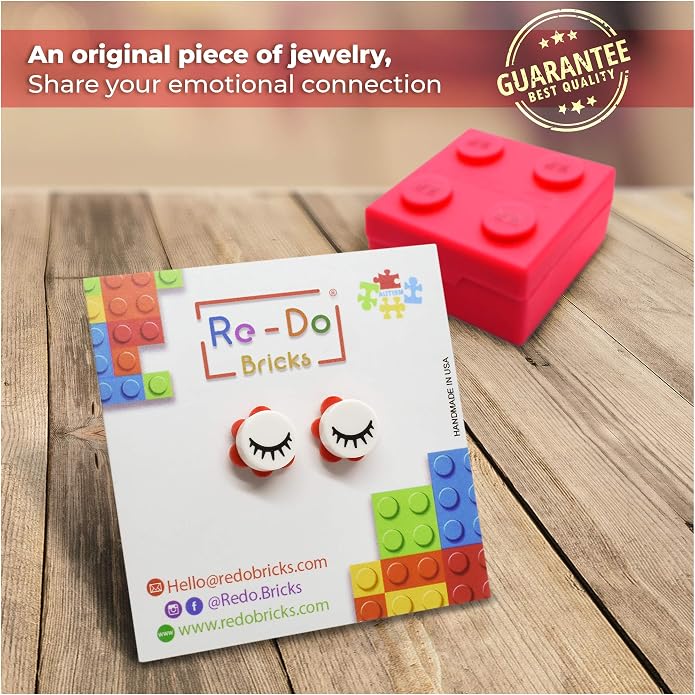 Eyelash Dot Brick Stud Earrings by Re-Do Bricks ® - Collectable Earrings - Hypoallergenic, Coquette, Original and Fun. Great gift idea for Teens, Girlfriends, Party Favors & Souvenirs. Minimalist.