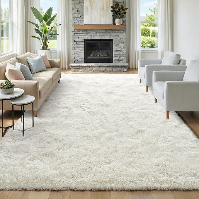 Fluffy Rugs for Living Room: White Soft Shag Rug for Bedroom, Large Fuzzy Plush Indoor Carpet Non Slip Modern Rug for Nursery Kids Room Dorms Office Home Decor, 9x11 Feet