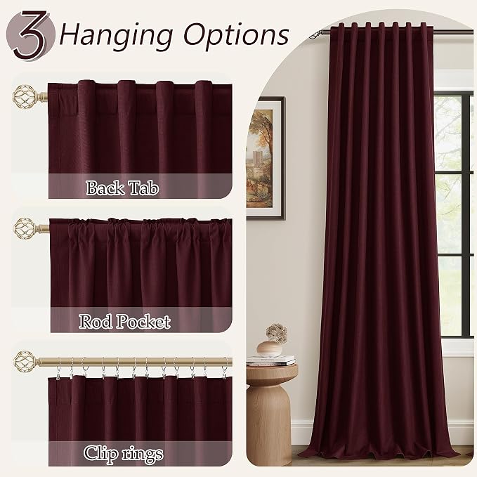 Guken 100% Blackout Curtains 90 Inch Length 2 Panels Set for Living Room Bedroom Back Tab Thermal Insulated Black Out Linen Drapes Room Darkening Window Curtains 90 Inches Long,Burgundy
